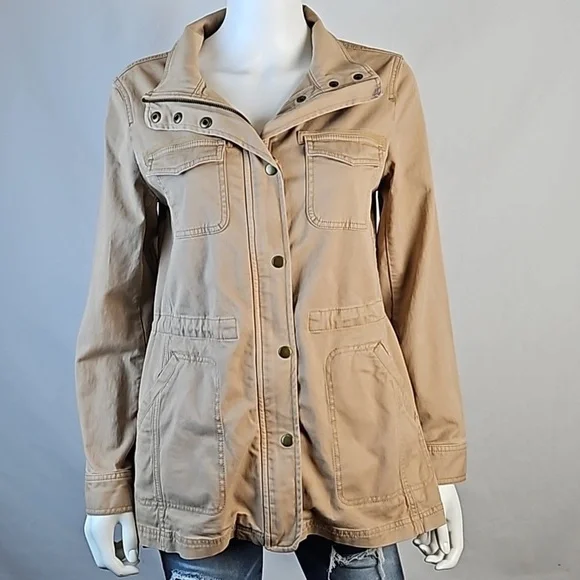 Talbots Stretch Twill Khaki Tan Cinch Waist Zip & Snap Front Field Jacket - Picture 5 of 16